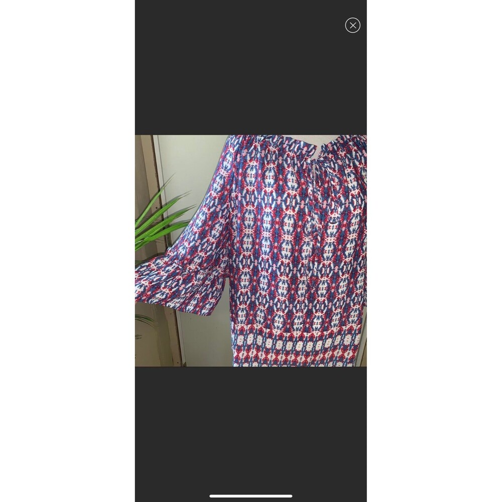 Valerie Stevens Red White Blue Patterned Statement Sleeve Blouse